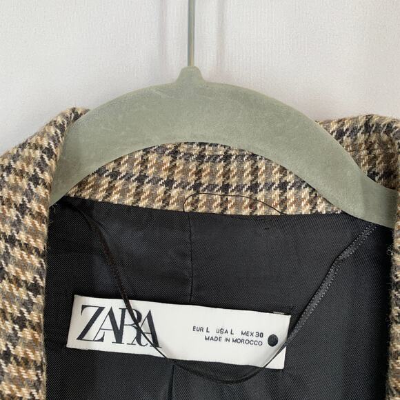 ZARA Blazer Jacket Women Large Brown Black Houndstooth Classic Work Office - Picture 2 of 8